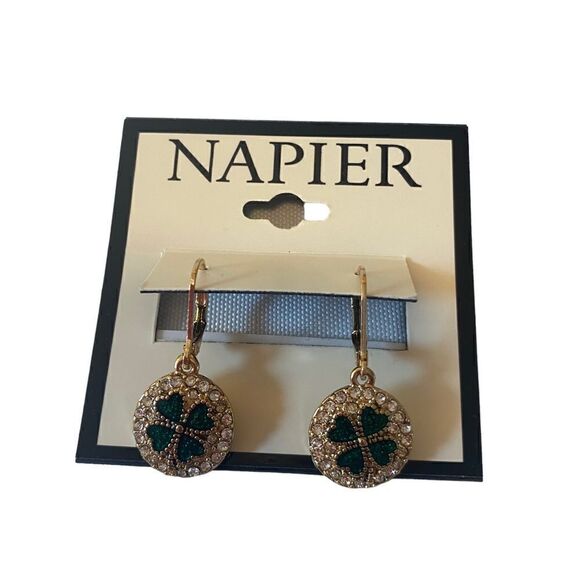 Napier Coin Drop Sparkly Shamrock Earrings in Green, Gold & Clear Pave Crystals - Picture 5 of 6